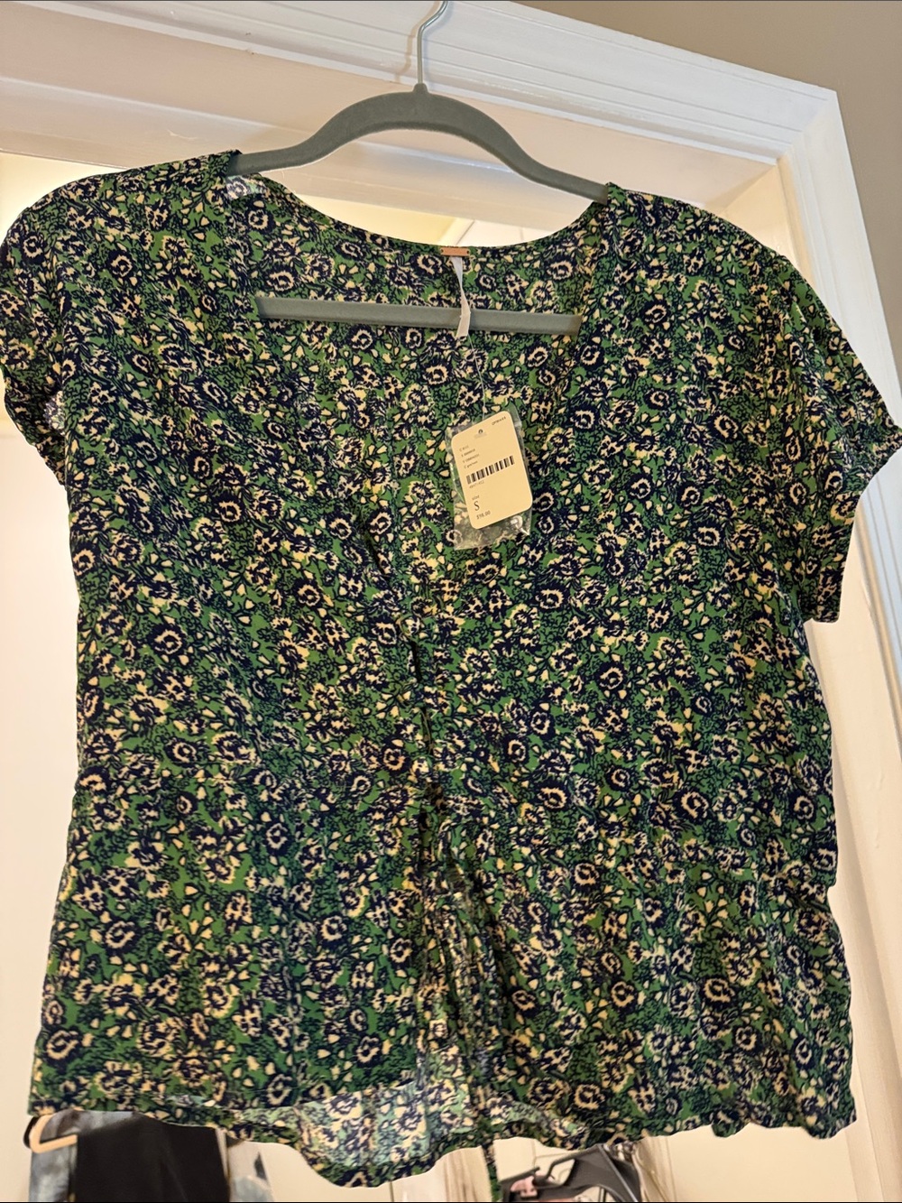 Free People Green and Navy Floral Crop Blouse